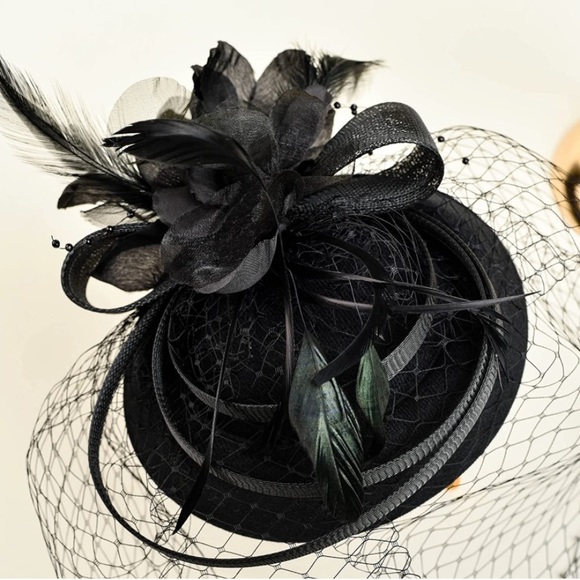 Black Fascinator Flower Mesh Feathers Hair Clip - Picture 7 of 7